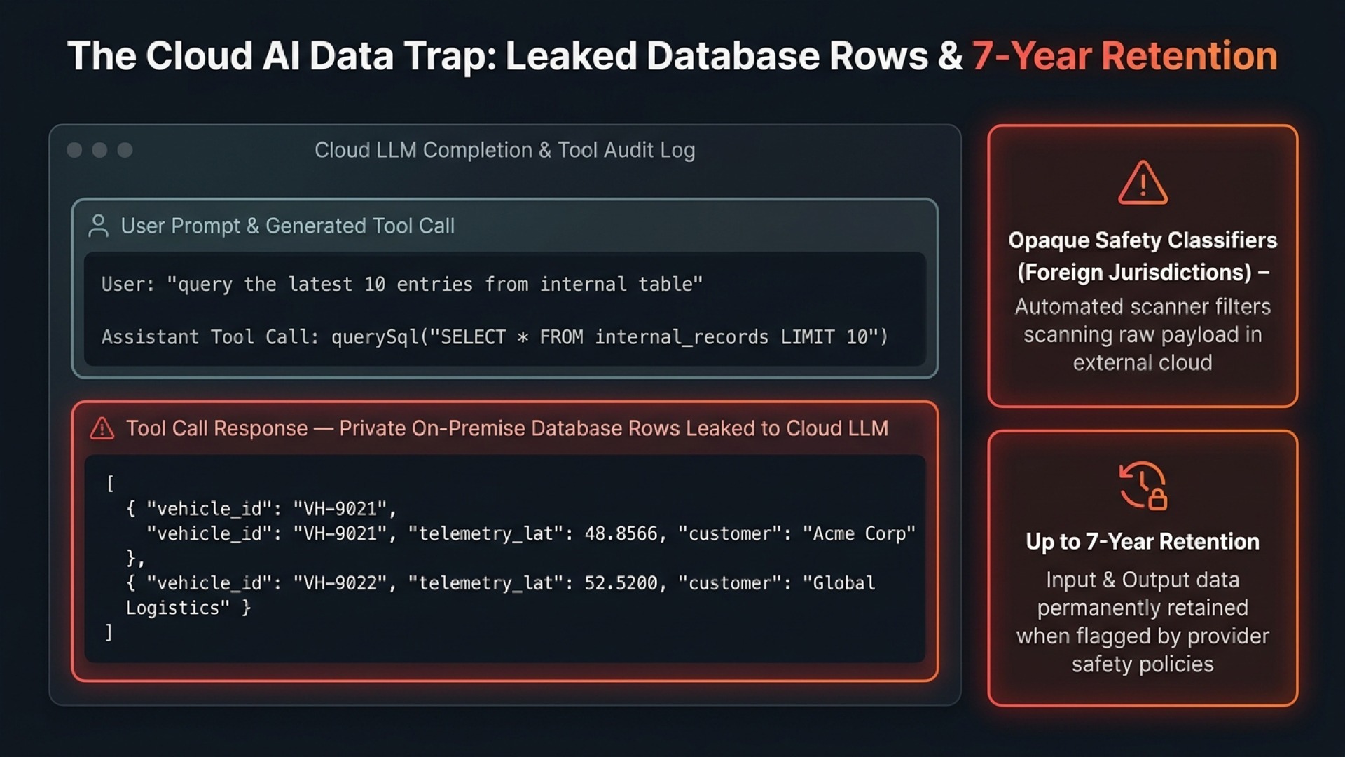 The Cloud LLM & MCP Data Trap: raw on-premise SQL rows exposed to external servers and up to 7-year safety classifier retention.