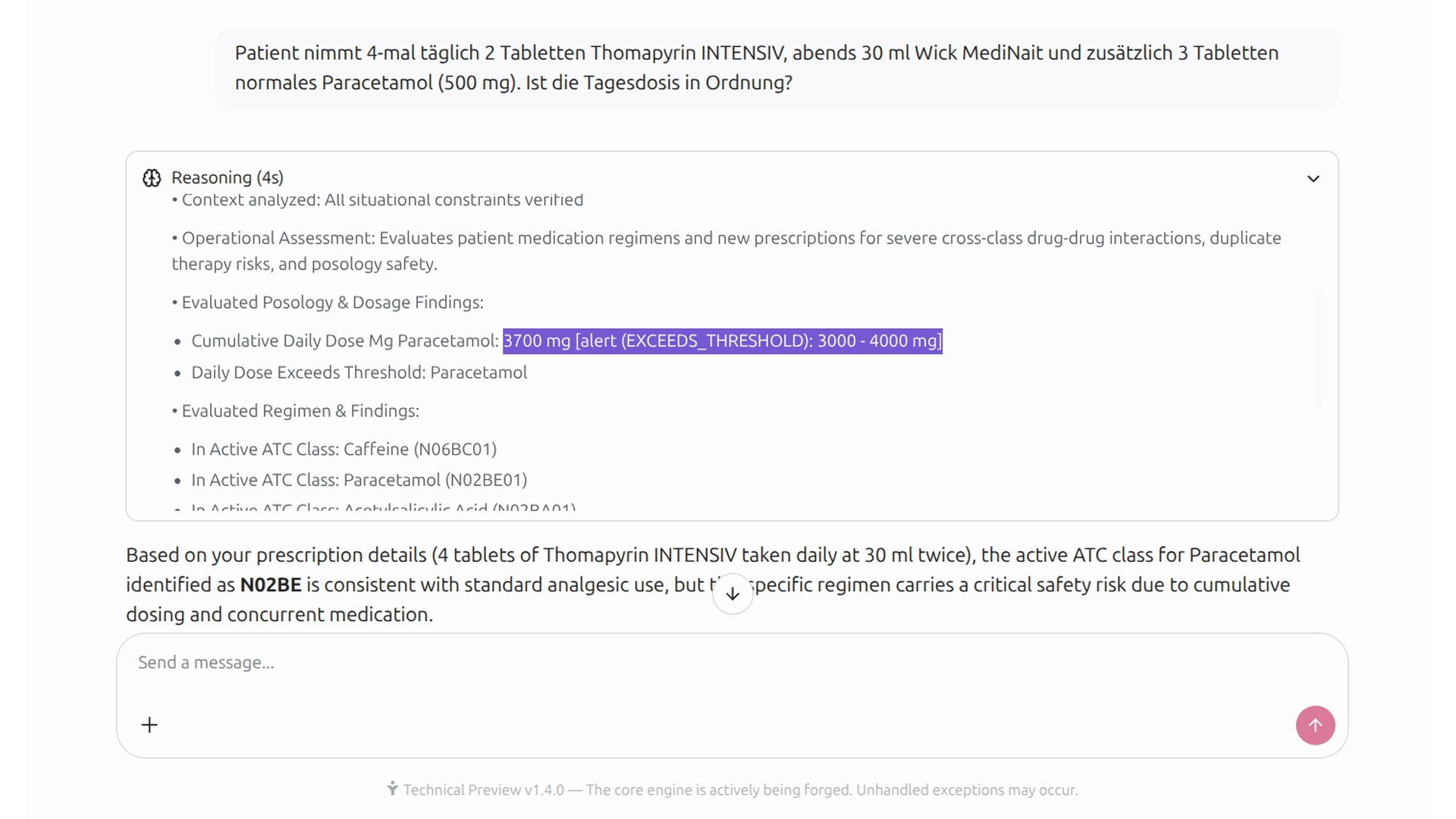 Cross-product active-ingredient aggregation catching a cumulative 3,700 mg Paracetamol overdose across OTC cold remedies.