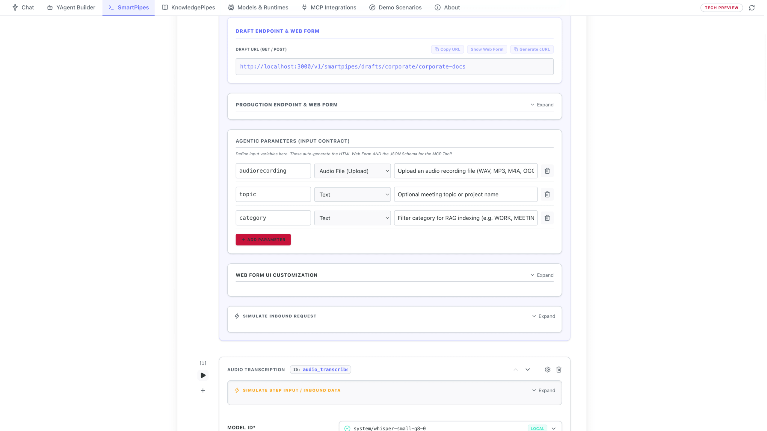 Declaring a typed Input Contract once to expose a Human Web Form, REST API Webhook, and MCP Tool simultaneously.