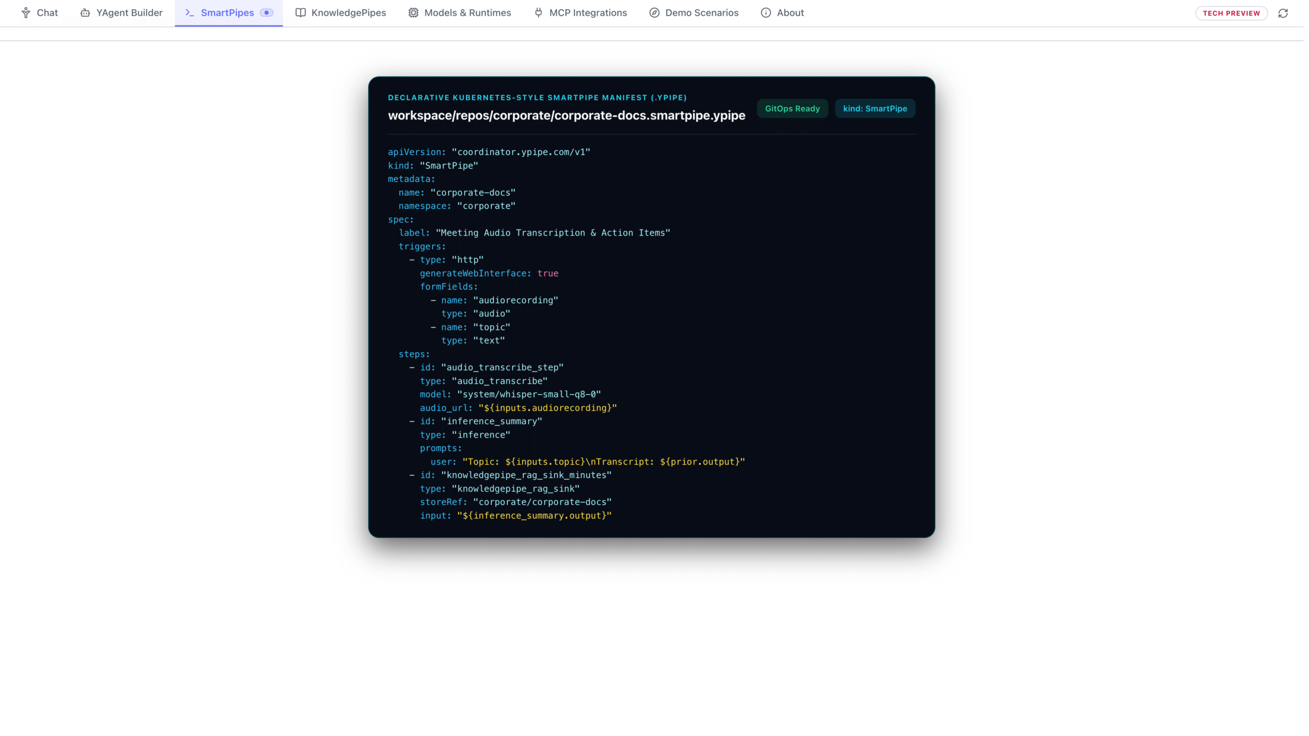 Auto-generated Kubernetes-style .ypipe YAML manifest alongside the department Web Form and cURL webhook snippet.