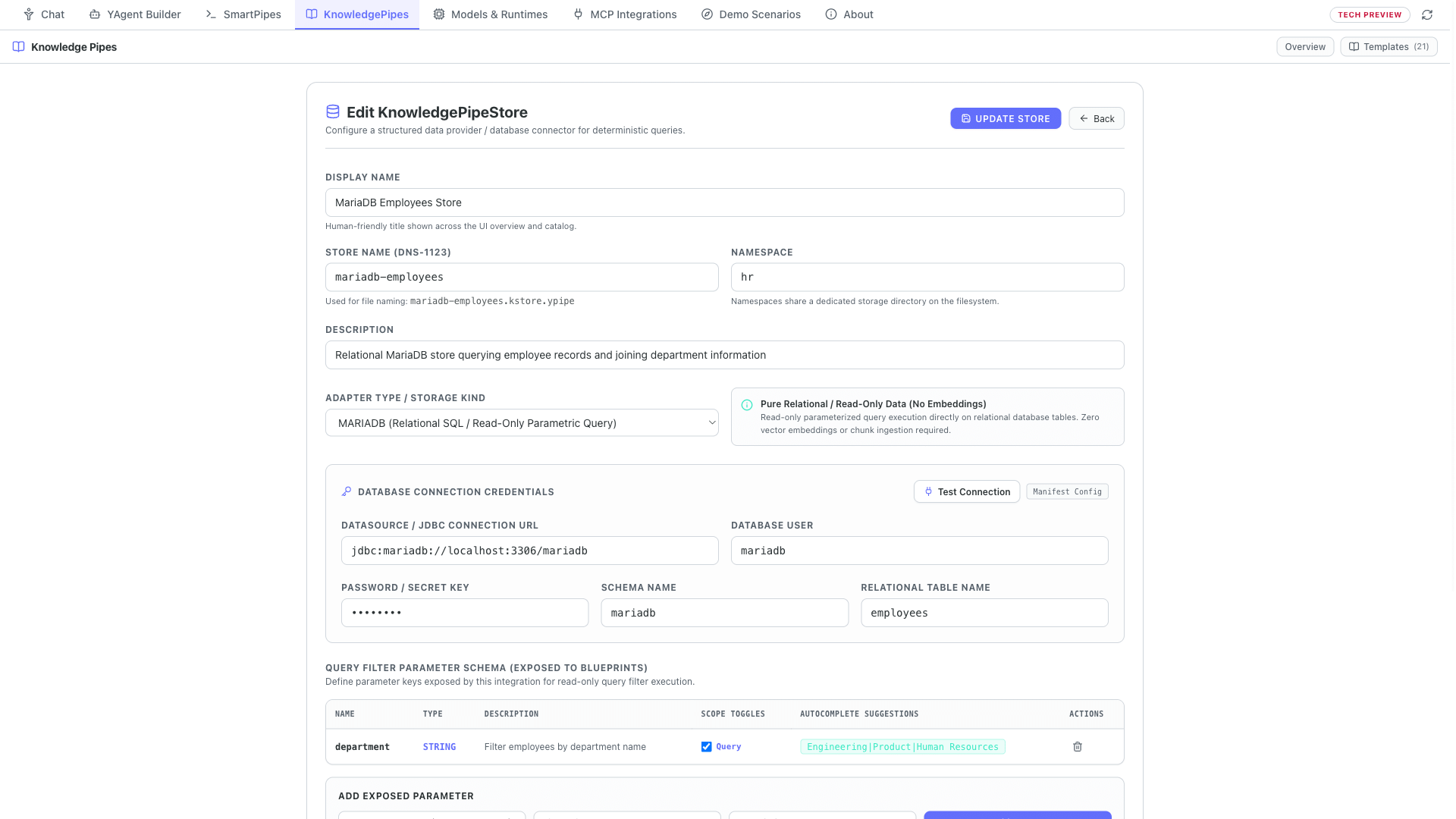Zero-ETL Read-Only Relational SQL Store connecting existing PostgreSQL and MariaDB tables directly as RAG sources.