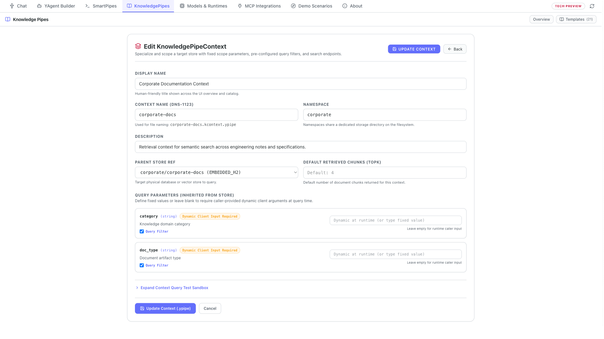 KnowledgePipe Context enforcing strict SpEL scope parameters so foreign records never leak into the AI prompt.