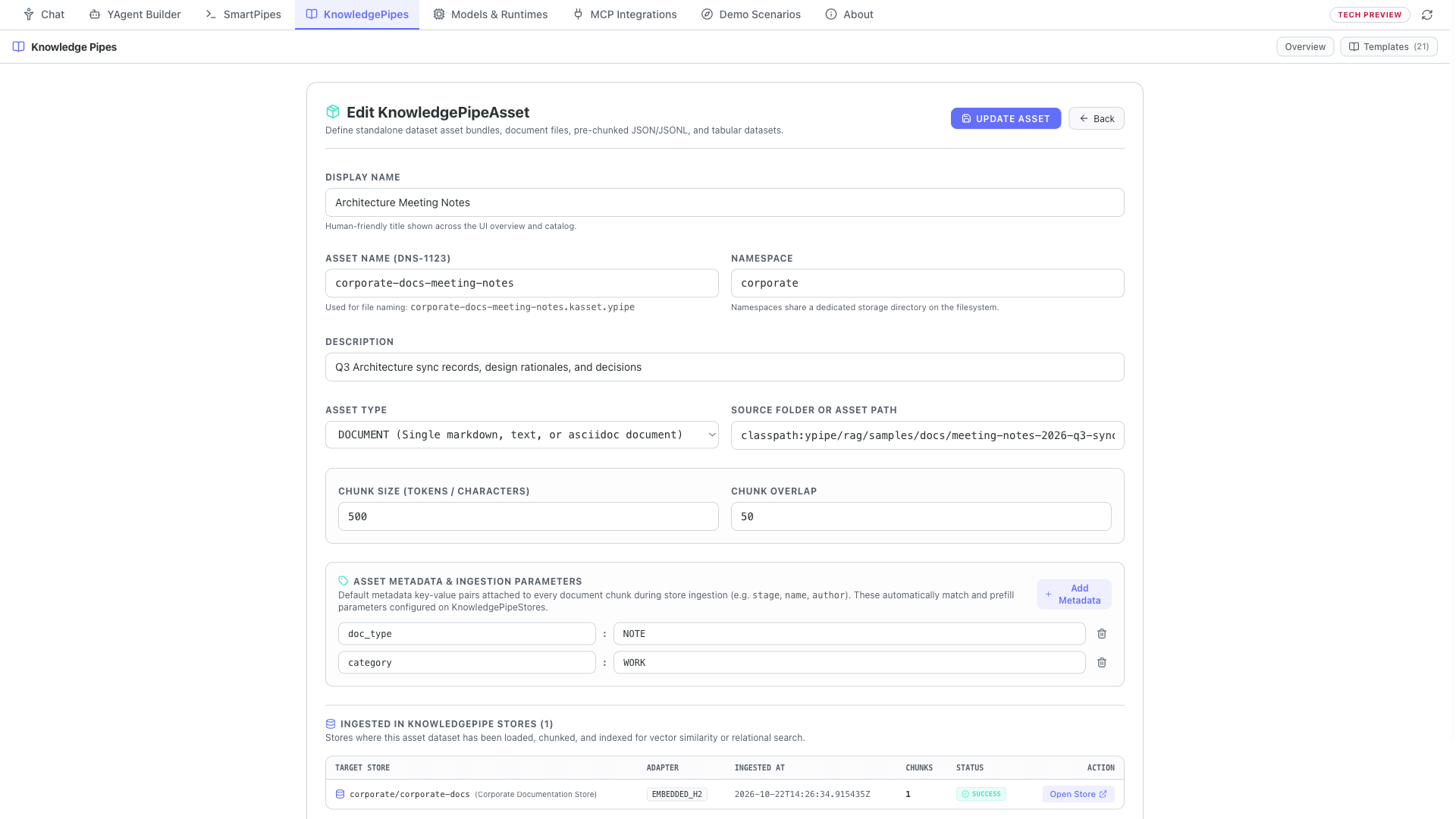 KnowledgePipe Asset configuring multi-format document folders (PDF, DOCX, PPTX, Markdown, CSV, JSONL) and chunking rules.