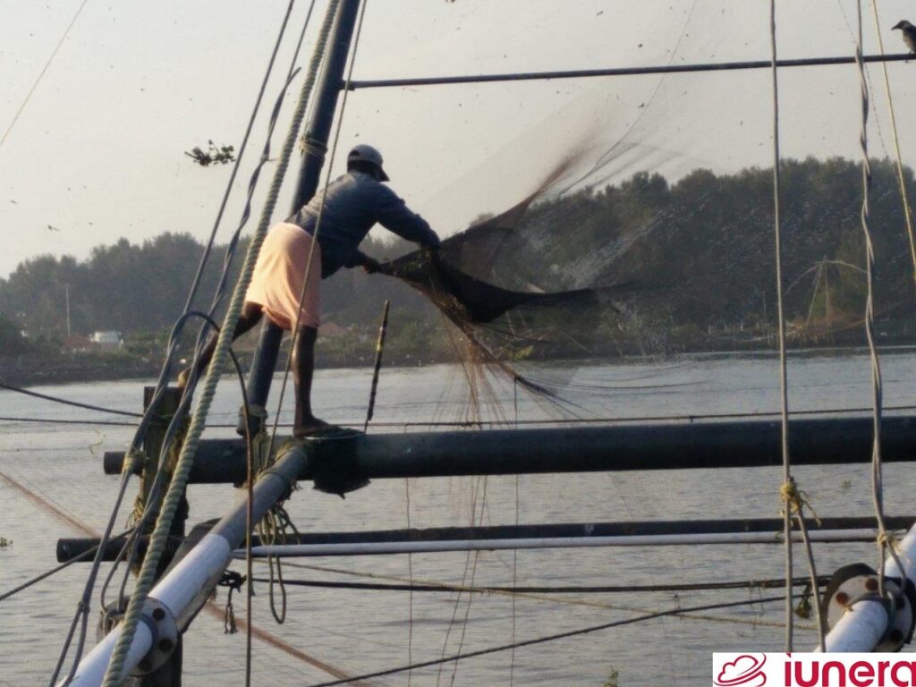 A fisherman getting the catch out of a Chinese fishernet. Showing the analogy how the right tool can lead to the right results without much effort in big data science.