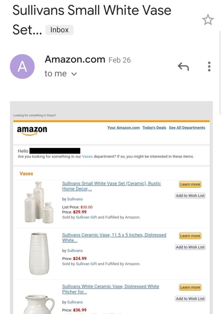 Data driven personalized email marketing example by amazon