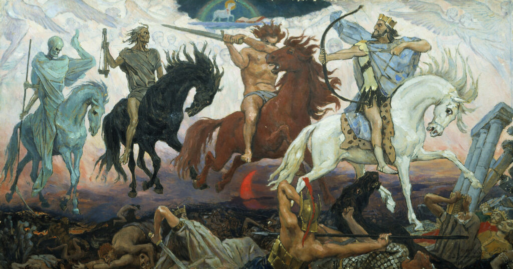The four horsemen of the Apocalypse of John as described in the Bible's New Testament.