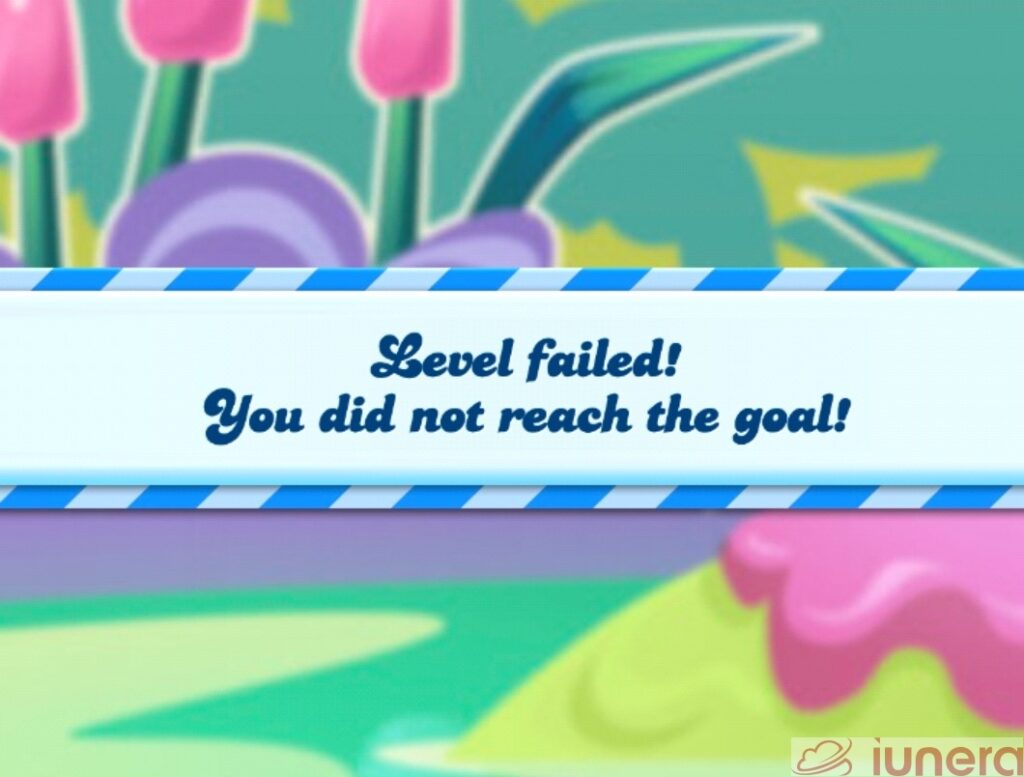 A screenshot of a loss in Candy Crush Saga due to a higher difficulty level.