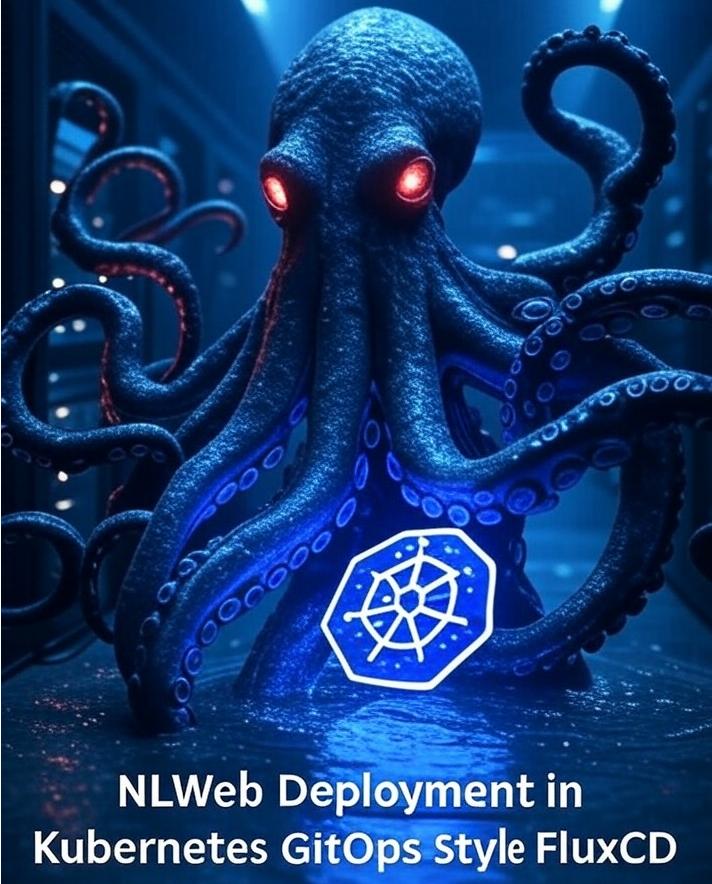 Kraken illustration of NLWeb, featuring the Kubernetes (K8s) logo prominently displayed. The octopus-like creature with eight tentacles is set against a deep blue underwater background, symbolizing NLWeb's strength and versatility in web development and tech solutions. Perfect for searches related to NLWeb, Kubernetes, and innovative technology.