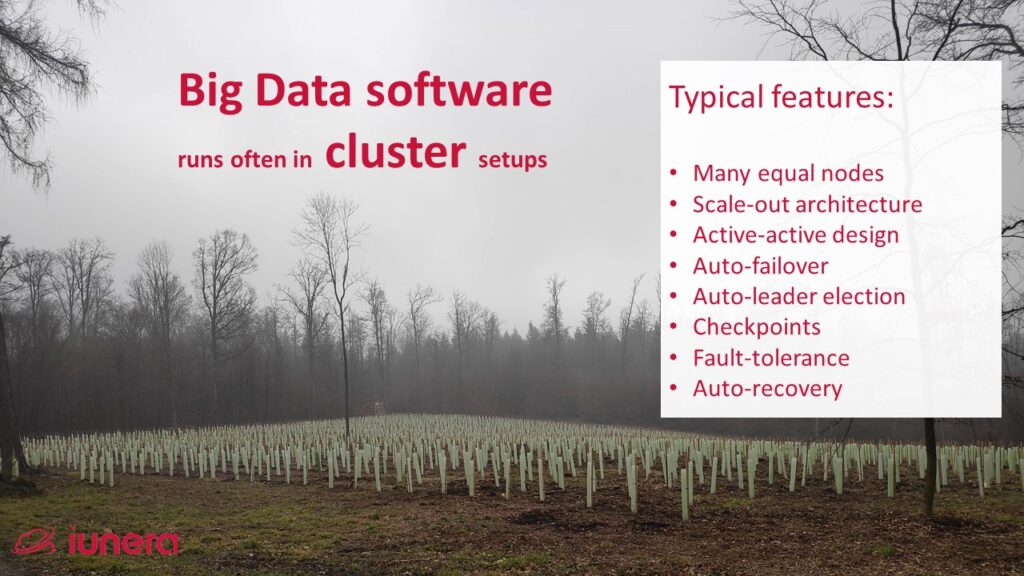 A picture of a forest with many new trees and the text:
Big Data software runs often in cluster setups:
Typical features: 
Many equal nodes
Scale-out architecture
Active-active design
Auto-failover
Auto-leader election
Checkpoints
Fault-tolerance 
Auto-recovery  