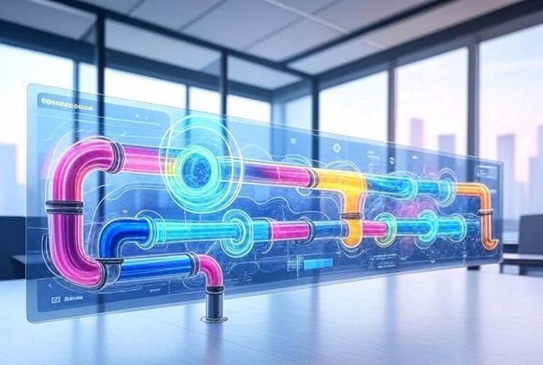 a desnk with a 15-step pipeline graphic for orchestrating enterprise AI brilliance with agentic RAG systems allowing to dock data sources like pipes and enabling user specific datasources within the enterprise.