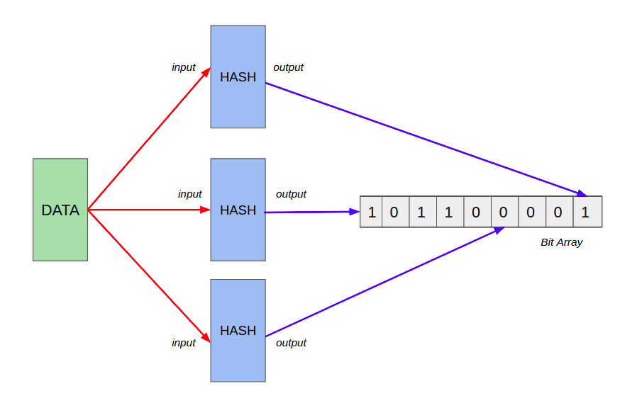 How does the data gets hashed and stored in a bit array of dynamic size?