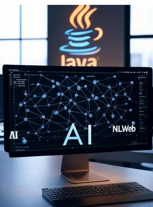 Cover image for the article 'Guide: Exposing Enterprise Data with Java and Spring for AI Indexing (for NLWeb)' featuring the Java and Spring logos prominently displayed alongside AI and NLWeb branding elements. The design includes a graph database visualization with interconnected nodes, symbolizing knowledge graphs and semantic data. A modern, professional aesthetic with a blue and white color scheme highlights the integration of Schema.org datatypes, JSON-LD, and OrientDB for enterprise data solutions. The background incorporates subtle binary code patterns, emphasizing AI-driven indexing and the semantic web for NLWeb’s conversational interfaces.