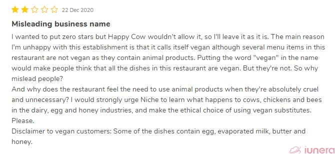 negative review on niche vegan kitchen