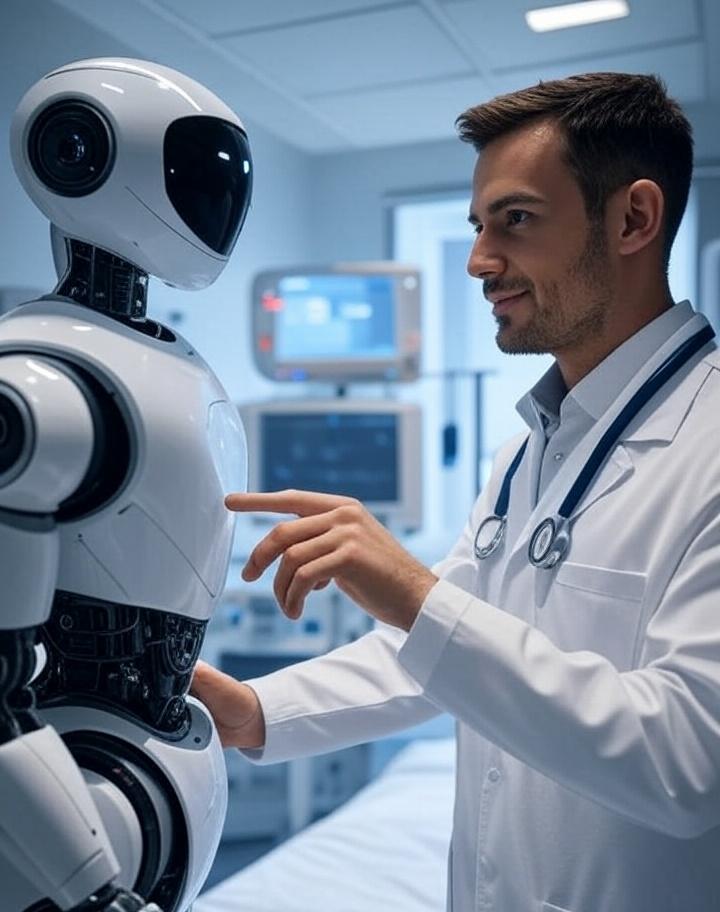 Healthcare and AI integration featuring a futuristic hospital scene with a robot assisting a doctor, showcasing advanced medical technology and AI-driven patient care.