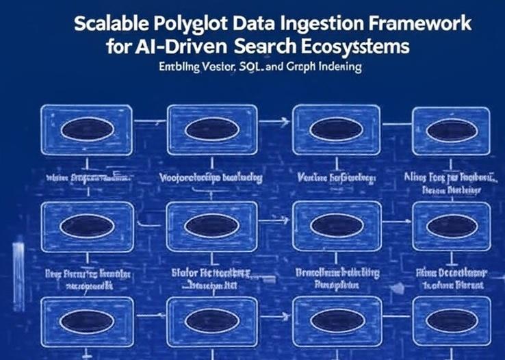 The title image is a visually engaging graphic depicting a stylized, simplified version of the data ingestion pipeline flowchart from the article. It features a clean, dark blue background (#005580) with a central flowchart of 6 steps, arranged vertically, using transparent rectangles with black borders for steps (e.g., “Source Crawling,” “Data Preprocessors”) and white document shapes for outputs (e.g., “Chunked Data”). Black ellipses highlight processing stages (e.g., “Data Embedding”), connected by black arrows with arrowheads. Dashed containers list extensions (e.g., “Vector Embedding Generation,” “Filter Specification”) in Arial font (12px for steps, 11px for extensions). A subtle overlay of interconnected nodes and data flow lines (representing polyglot databases like vector, SQL, graph) spans the background, with icons for text (document), images (photo), and JSON (code brackets). The article title, “Scalable Polyglot Data Ingestion Framework for AI-Driven Search Ecosystems,” is overlaid in bold, white at the top, with a tagline “Enabling Vector, SQL, and Graph Indexing” in smaller text below.